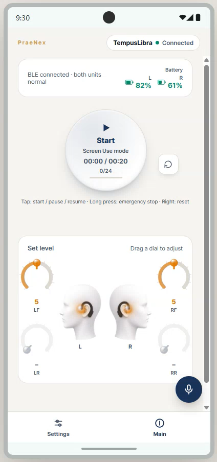 TempusLibra English app showing intensity controls and device status