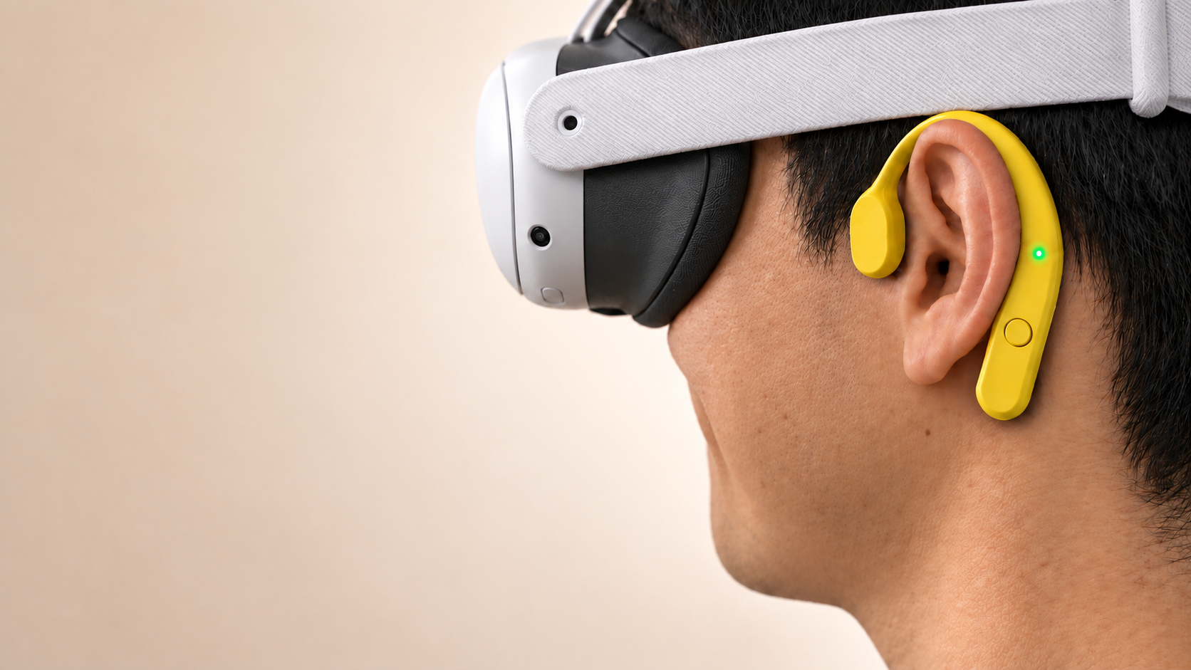 Concept render of a person wearing a VR headset and a yellow TempusLibra ear-hook