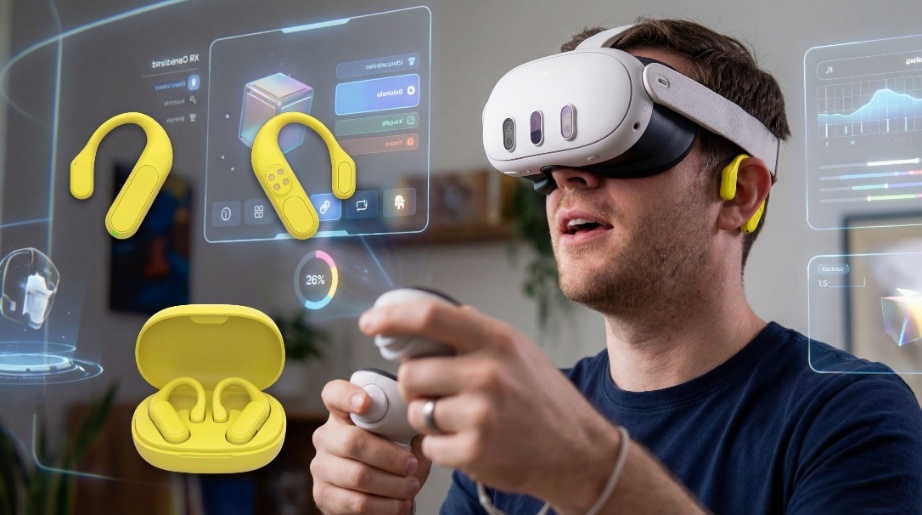 Product concept showing TempusLibra ear-hooks used with a VR headset and controllers